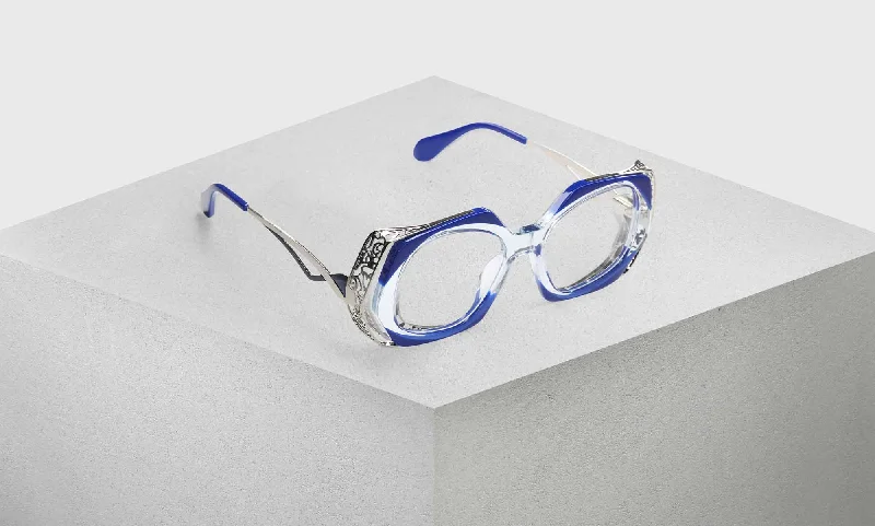 10 - Decorative Cobalt and Clear Corners Matched with Intricate Stainless Steel Temples