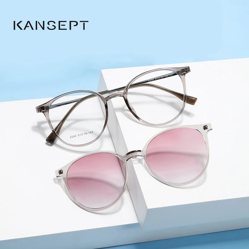 Kansept Unisex Full Rim Round Tr 90 Alloy Reading Glasses Clip On Sunglasses 2240